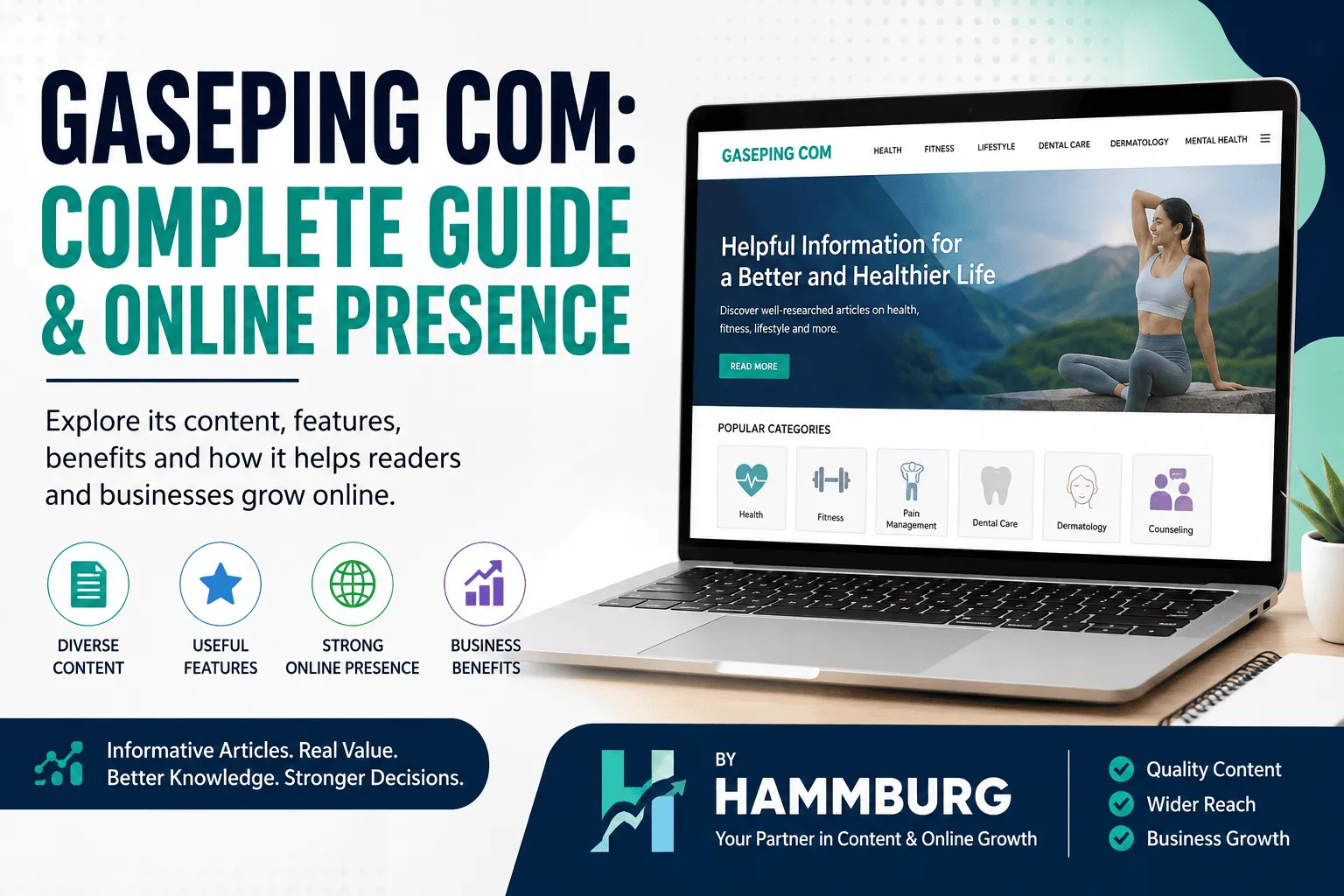 Gaseping Com complete guide and online presence featuring health, fitness, lifestyle, dental care, dermatology, and mental health content, with Hammburg branding and business growth benefits.