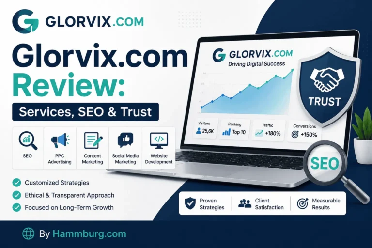Glorvix.com Review: Services, SEO & Trust by Hammburg.com, featuring SEO, PPC advertising, content marketing, social media marketing, and website development.